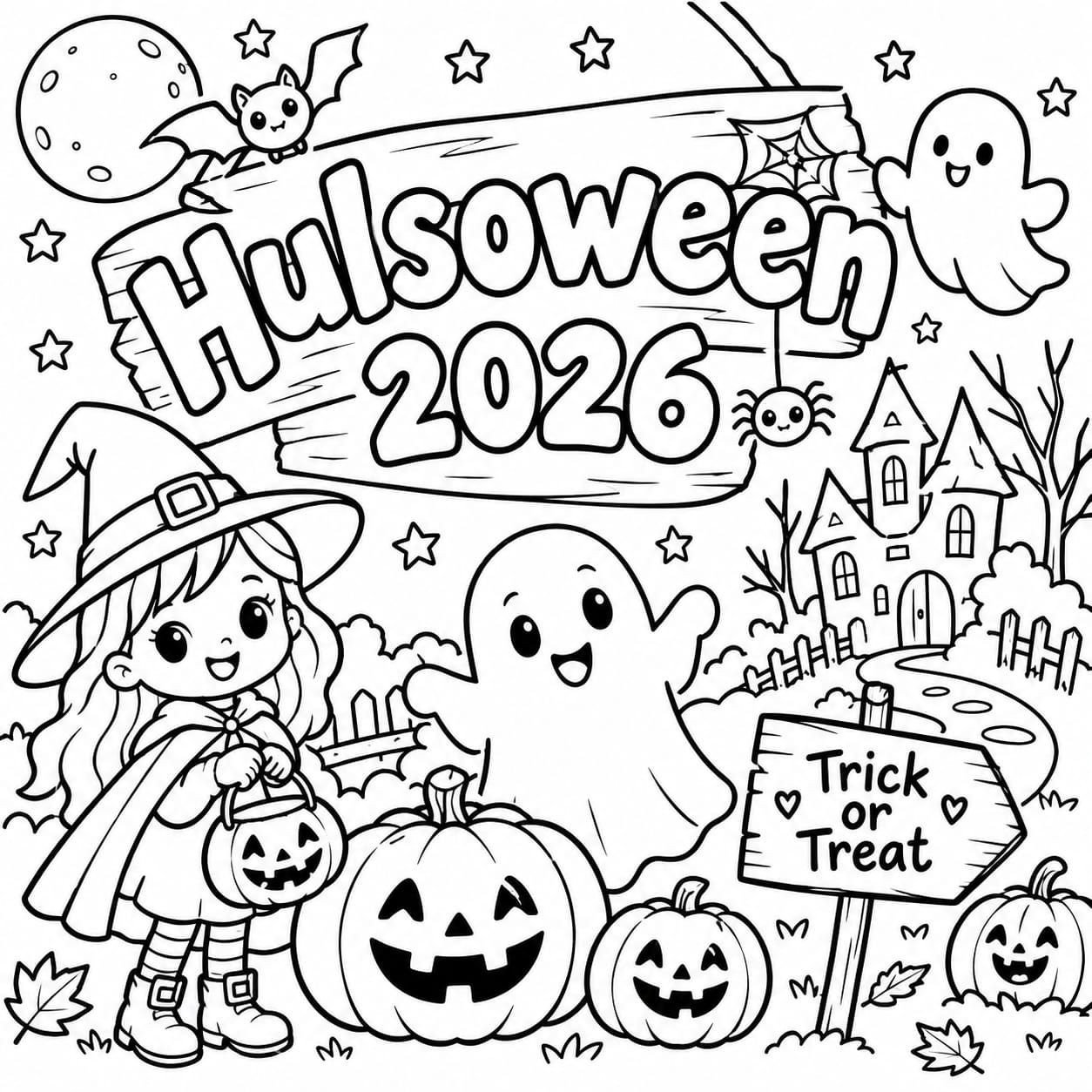 Zwart-witte Hulsoween 2026 kleurplaat met een heks, spoken, vleermuis en pompoenen
